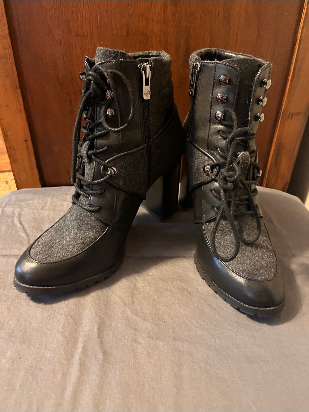 ANTONIO MELANI Black and Gray Lace-Up Heeled Ankle Boots
